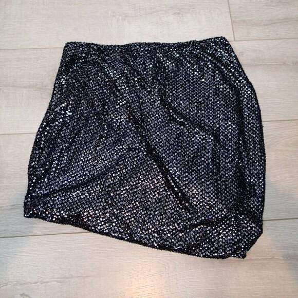 Theory Hailey Skirt Black Metallic Sequin Asymmetrical Hem - Picture 7 of 12